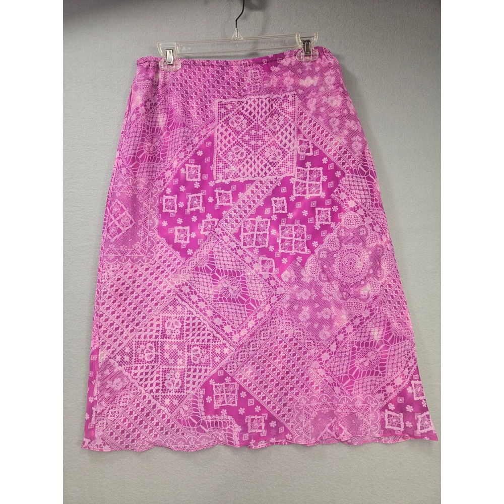 New York City Design Co Womens Pink 100% Silk Lace Patchwork Midi Skirt Large